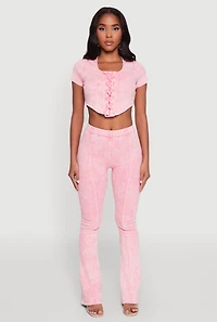 Womens Mineral Wash Lace Up Detail Crop Top, Pink, Size S