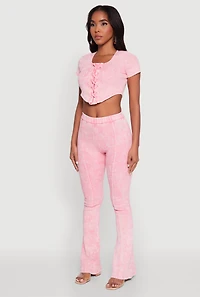 Womens Mineral Wash Lace Up Detail Crop Top, Pink, Size S
