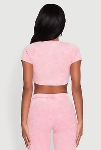 Womens Mineral Wash Lace Up Detail Crop Top, Pink, Size S