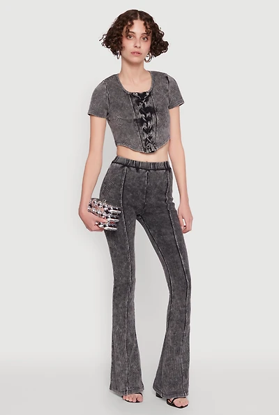Womens Mineral Wash Pintuck Flare Pants,