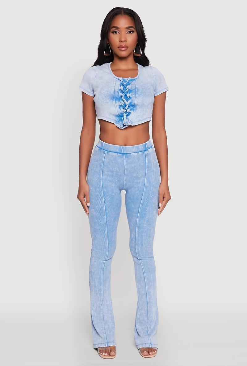 Womens Mineral Wash Pintuck Flare Pants, S