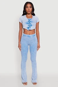 Womens Mineral Wash Pintuck Flare Pants, S