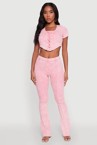 Womens Mineral Wash Pintuck Flare Pants, Pink, Size M