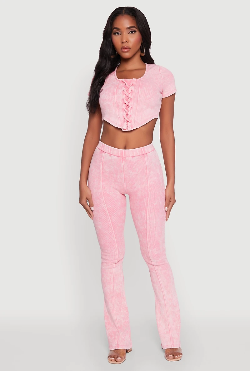 Womens Mineral Wash Pintuck Flare Pants, Pink, Size XL