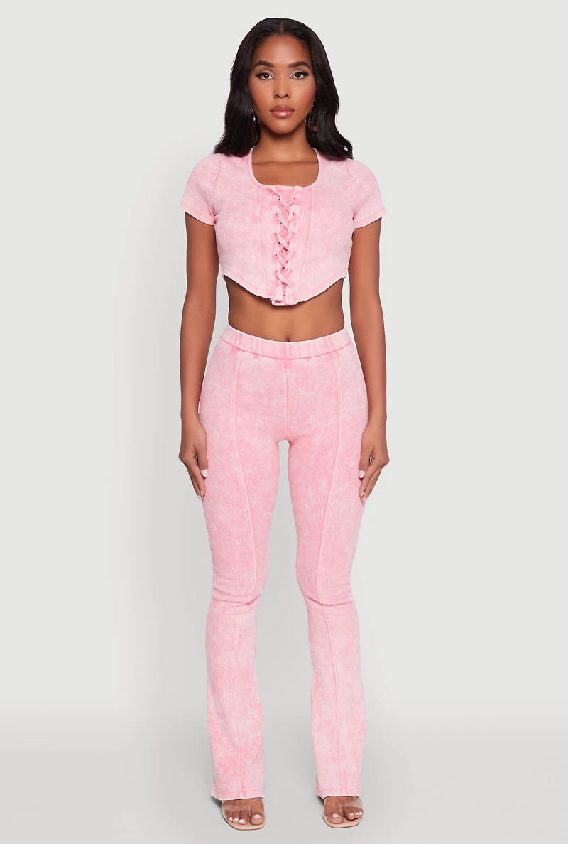 Womens Mineral Wash Pintuck Flare Pants, Pink, Size XL