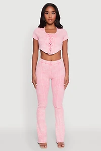 Womens Mineral Wash Pintuck Flare Pants, Pink, Size XL