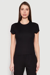 Womens Ribbed Knit Short Sleeve Tee, Black, Size M