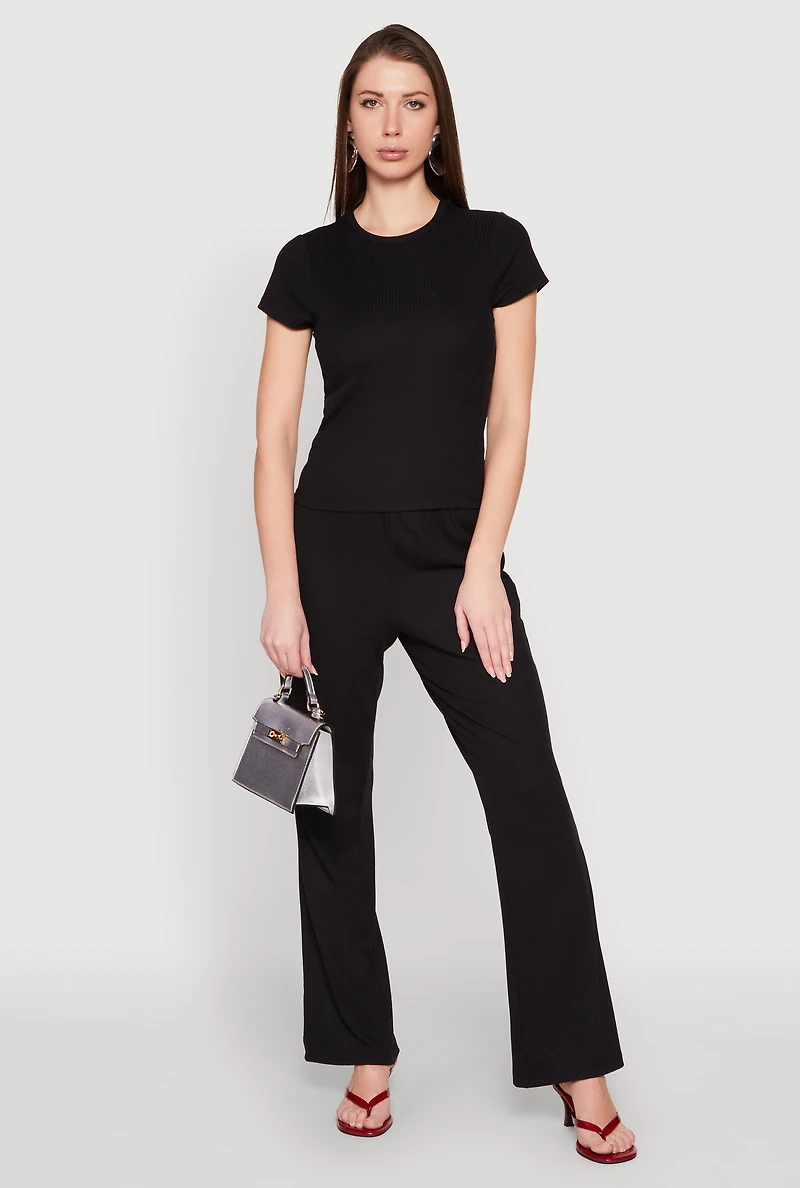 Womens Ribbed Knit Short Sleeve Tee, M