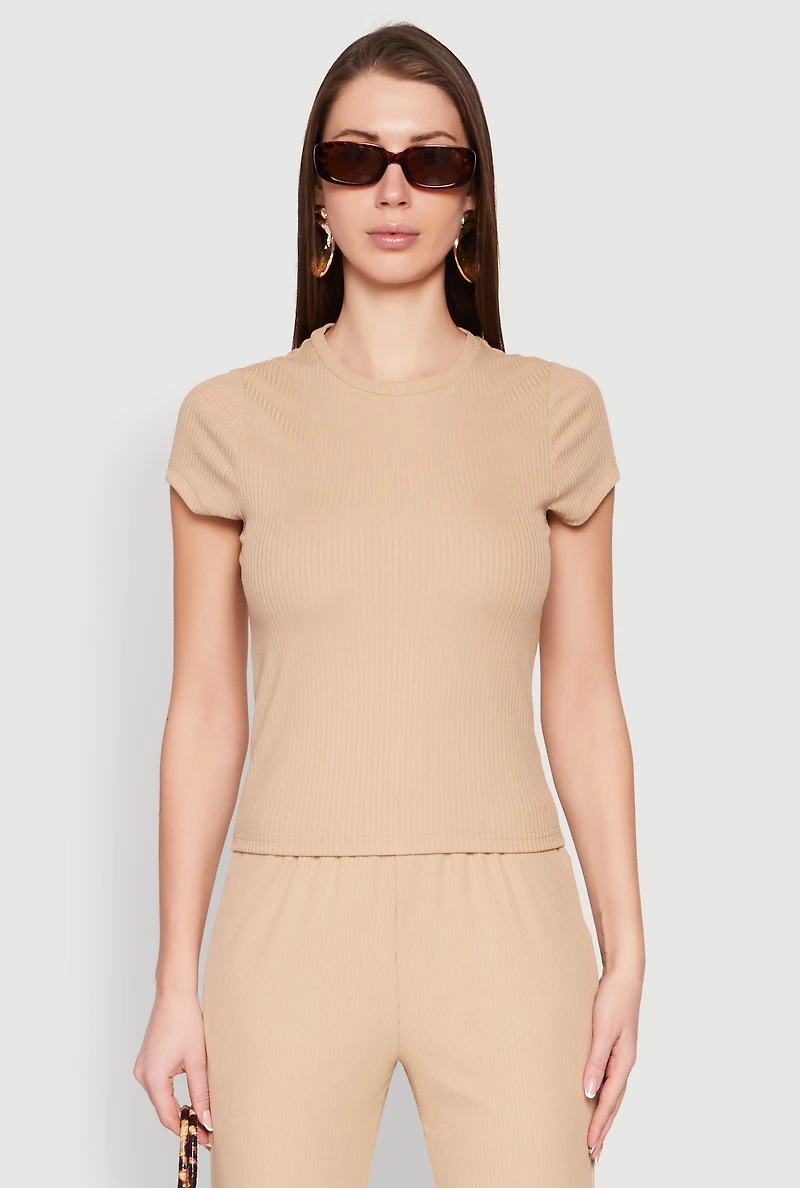 Womens Ribbed Knit Short Sleeve Tee, L