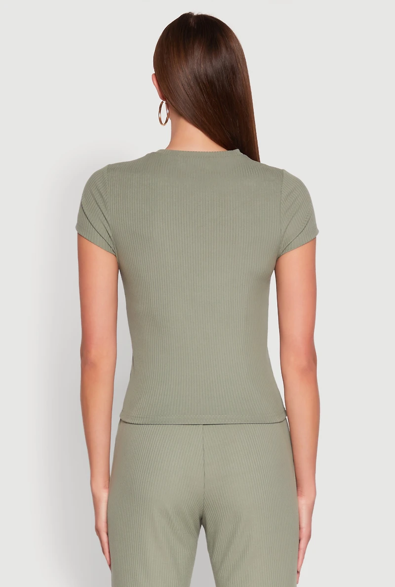 Womens Ribbed Knit Short Sleeve Tee, Green, Size M
