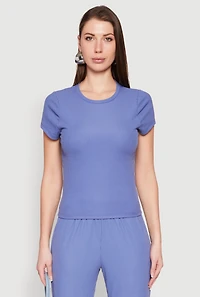Womens Ribbed Knit Short Sleeve Tee, Blue, Size S