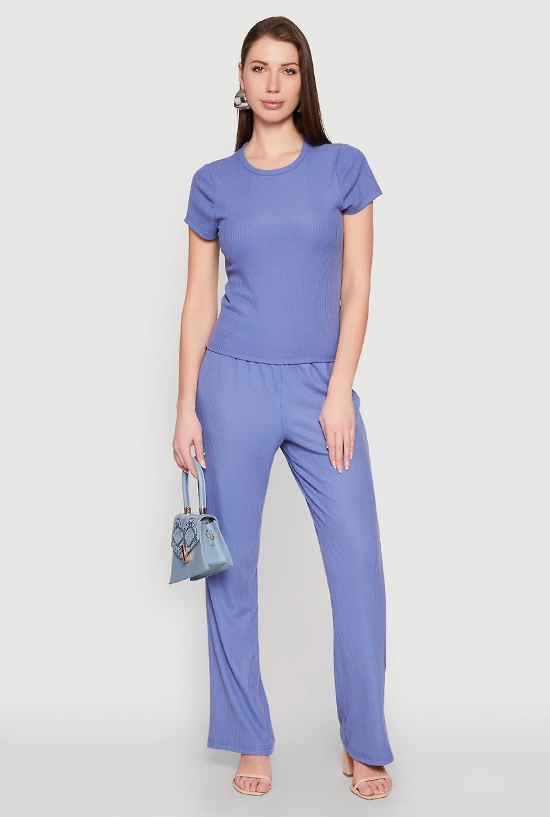 Womens Ribbed Knit Short Sleeve Tee, Blue, Size S