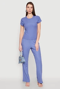 Womens Ribbed Knit Short Sleeve Tee, Blue, Size S
