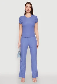 Womens Ribbed Knit Short Sleeve Tee, Blue, Size S