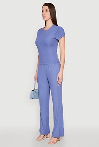 Womens Ribbed Knit Short Sleeve Tee, Blue, Size S