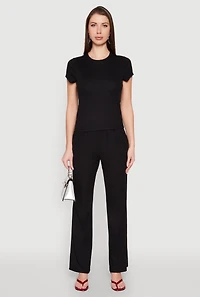 Womens Ribbed Knit Boot Cut Pants, Black, Size L