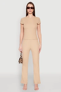 Womens Ribbed Knit Boot Cut Pants, Khaki, Size L