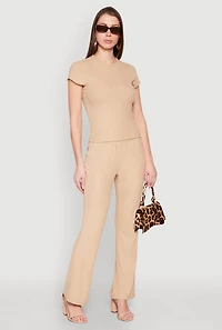 Womens Ribbed Knit Boot Cut Pants, Khaki, Size L