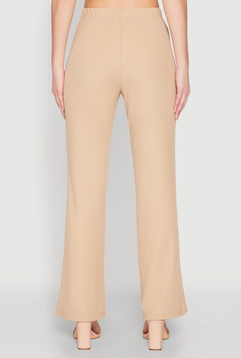 Womens Ribbed Knit Boot Cut Pants, Khaki, Size L