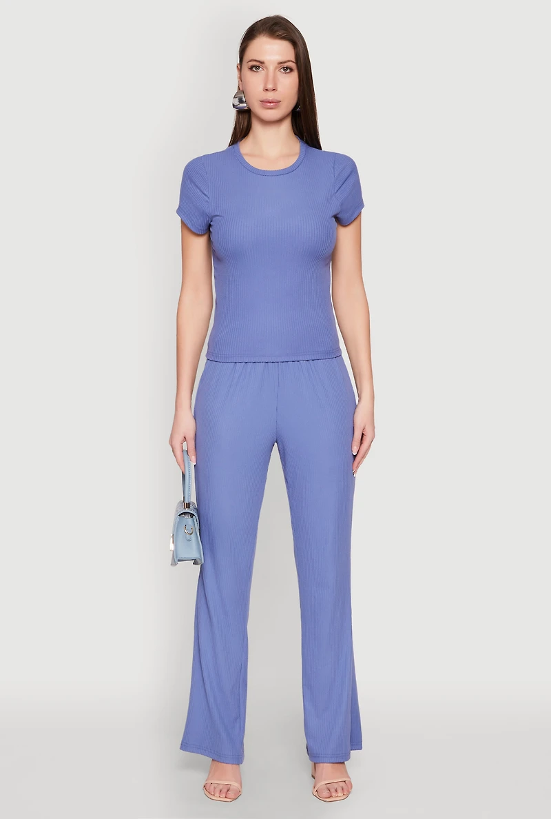 Womens Ribbed Knit Boot Cut Pants, Blue, Size L