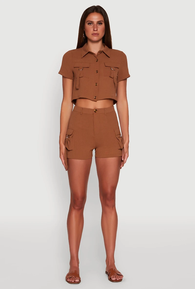 Womens Trendy Crepe Knit High Waisted Cargo Shorts,