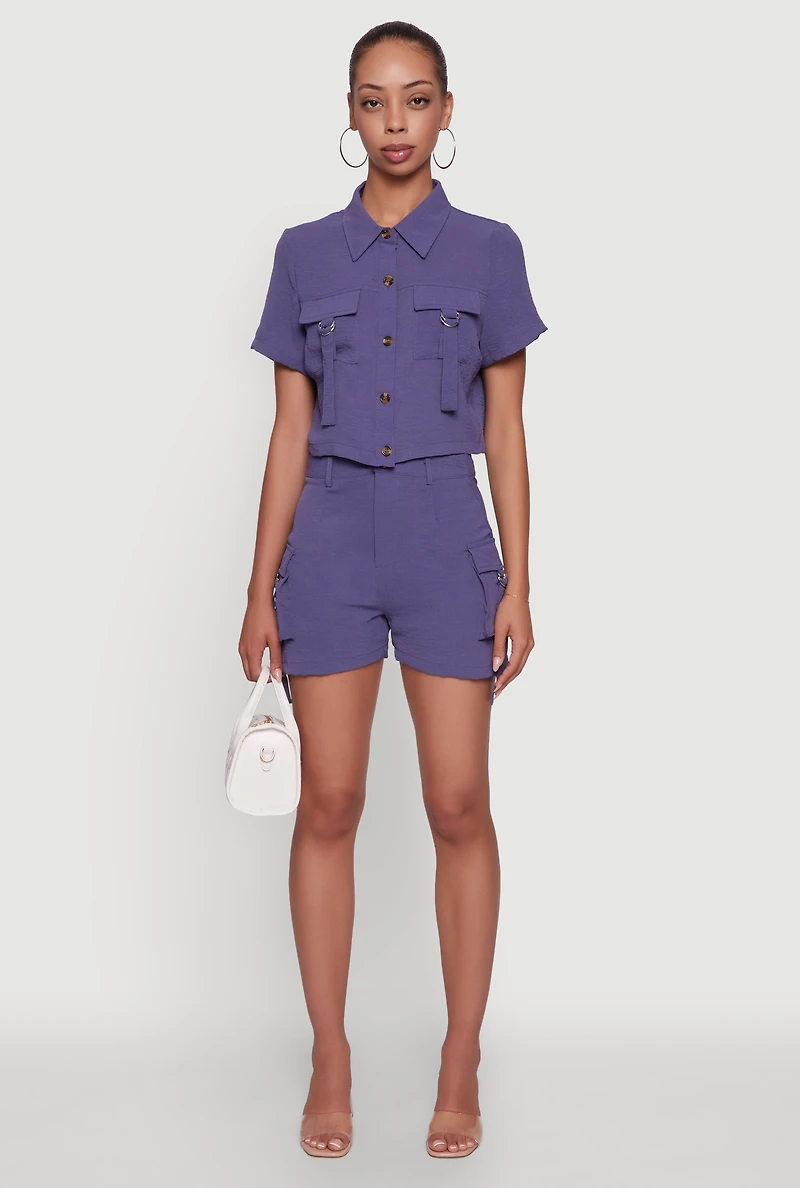 Womens Trendy Crepe Knit High Waisted Cargo Shorts, Purple, Size L
