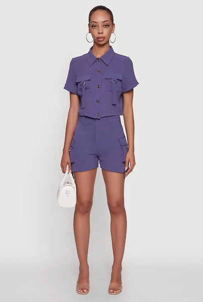 Womens Trendy Crepe Knit High Waisted Cargo Shorts, Purple, Size L