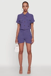 Womens Trendy Crepe Knit High Waisted Cargo Shorts, Purple, Size L