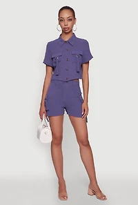 Womens Trendy Crepe Knit High Waisted Cargo Shorts, Purple, Size L