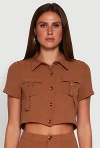 Womens Crepe Knit Metallic D Ring Button Front Cropped Shirt, Brown, Size XL