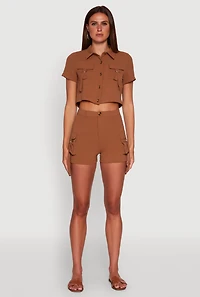 Womens Crepe Knit Metallic D Ring Button Front Cropped Shirt, Brown, Size XL