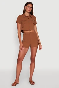 Womens Crepe Knit Metallic D Ring Button Front Cropped Shirt, Brown, Size XL