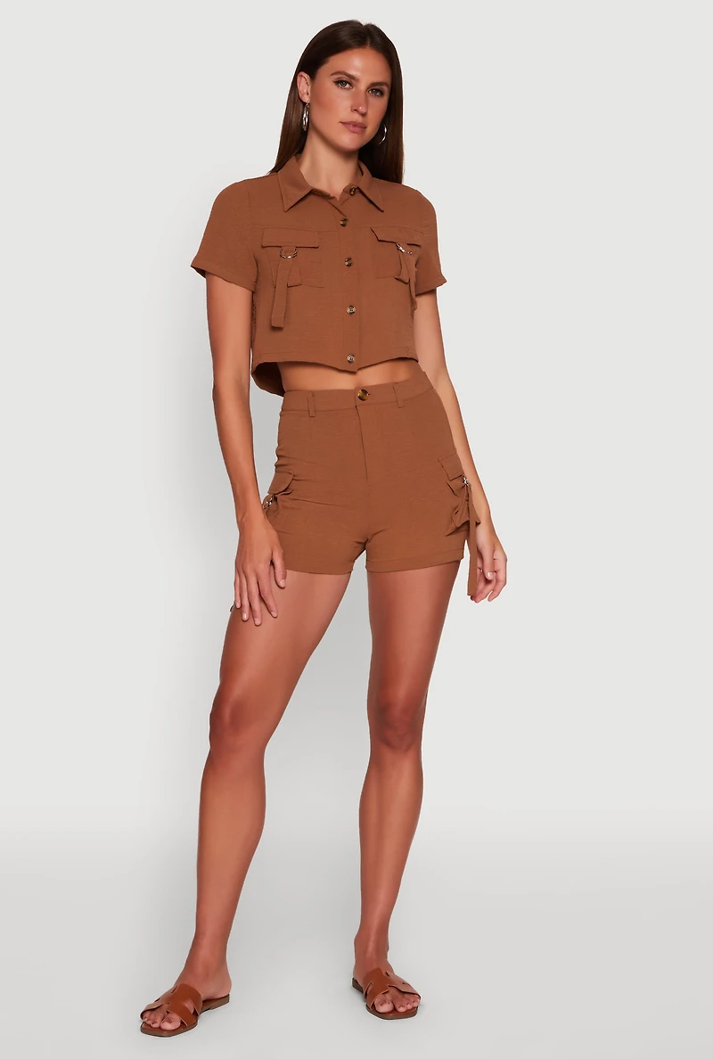 Womens Crepe Knit Metallic D Ring Button Front Cropped Shirt, Brown, Size M