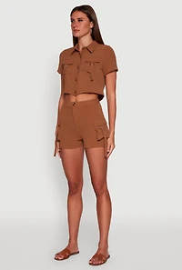 Womens Crepe Knit Metallic D Ring Button Front Cropped Shirt, Brown, Size XL