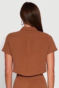 Womens Crepe Knit Metallic D Ring Button Front Cropped Shirt, Brown, Size XL