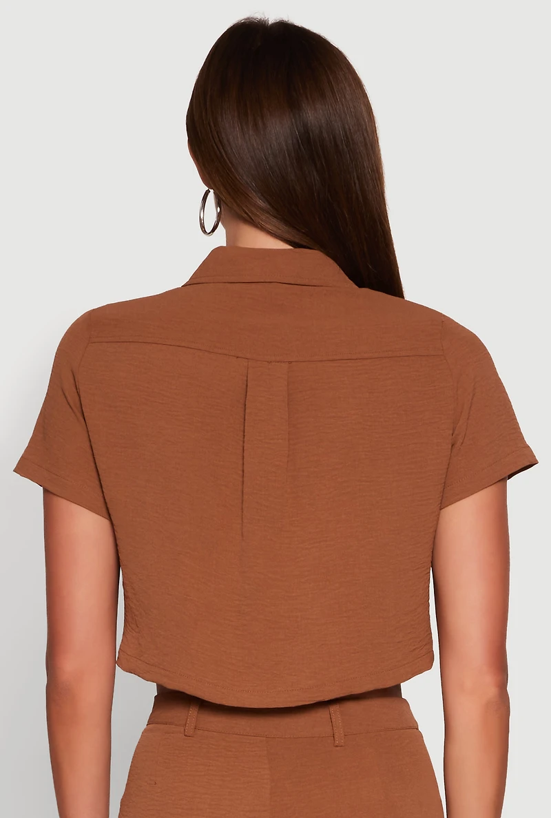 Womens Crepe Knit Metallic D Ring Button Front Cropped Shirt, Brown, Size M