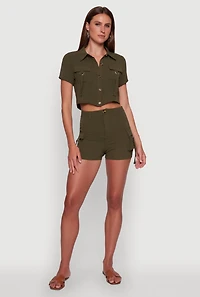 Womens Crepe Knit Metallic D Ring Button Front Cropped Shirt, XL