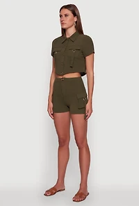 Womens Crepe Knit Metallic D Ring Button Front Cropped Shirt, XL