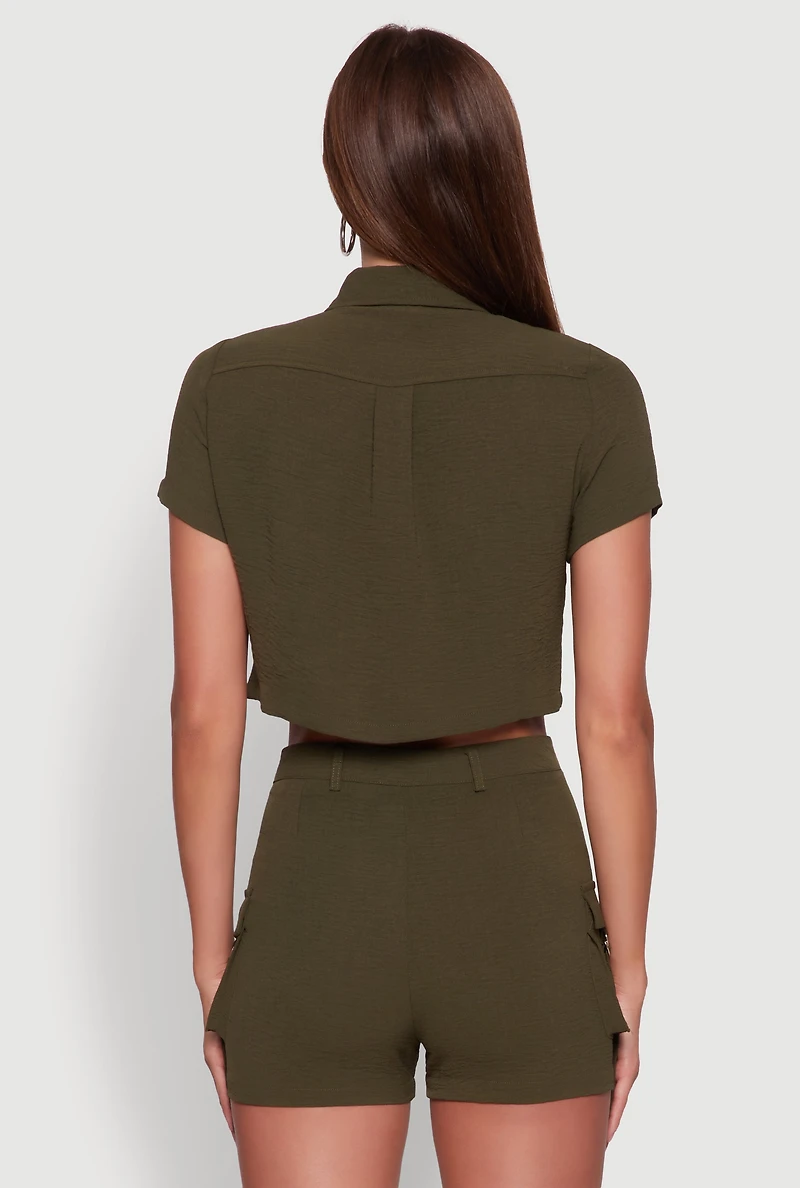 Womens Crepe Knit Metallic D Ring Button Front Cropped Shirt, Green, Size L