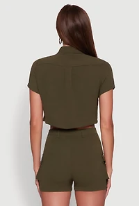 Womens Crepe Knit Metallic D Ring Button Front Cropped Shirt, Green, Size L