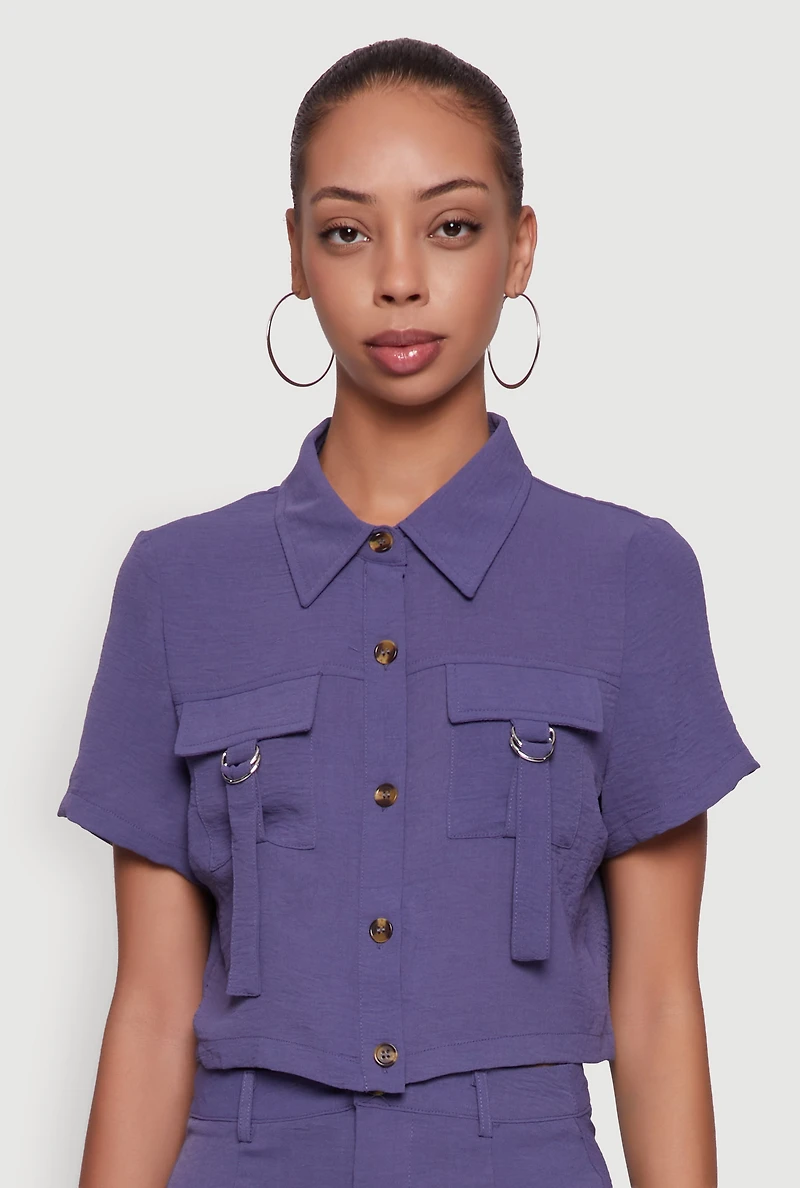Womens Crepe Knit Metallic D Ring Button Front Cropped Shirt, Purple, Size M