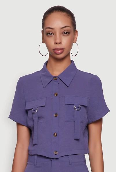 Womens Crepe Knit Metallic D Ring Button Front Cropped Shirt, Purple, Size M