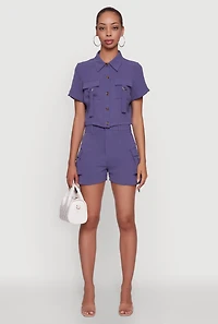 Womens Crepe Knit Metallic D Ring Button Front Cropped Shirt, Purple, Size M
