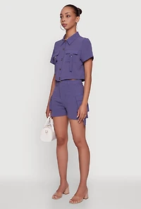 Womens Crepe Knit Metallic D Ring Button Front Cropped Shirt, Purple, Size L