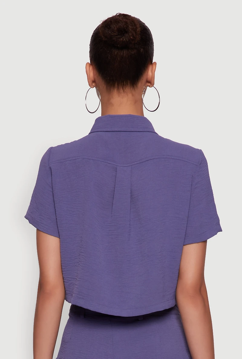 Womens Crepe Knit Metallic D Ring Button Front Cropped Shirt, Purple, Size M