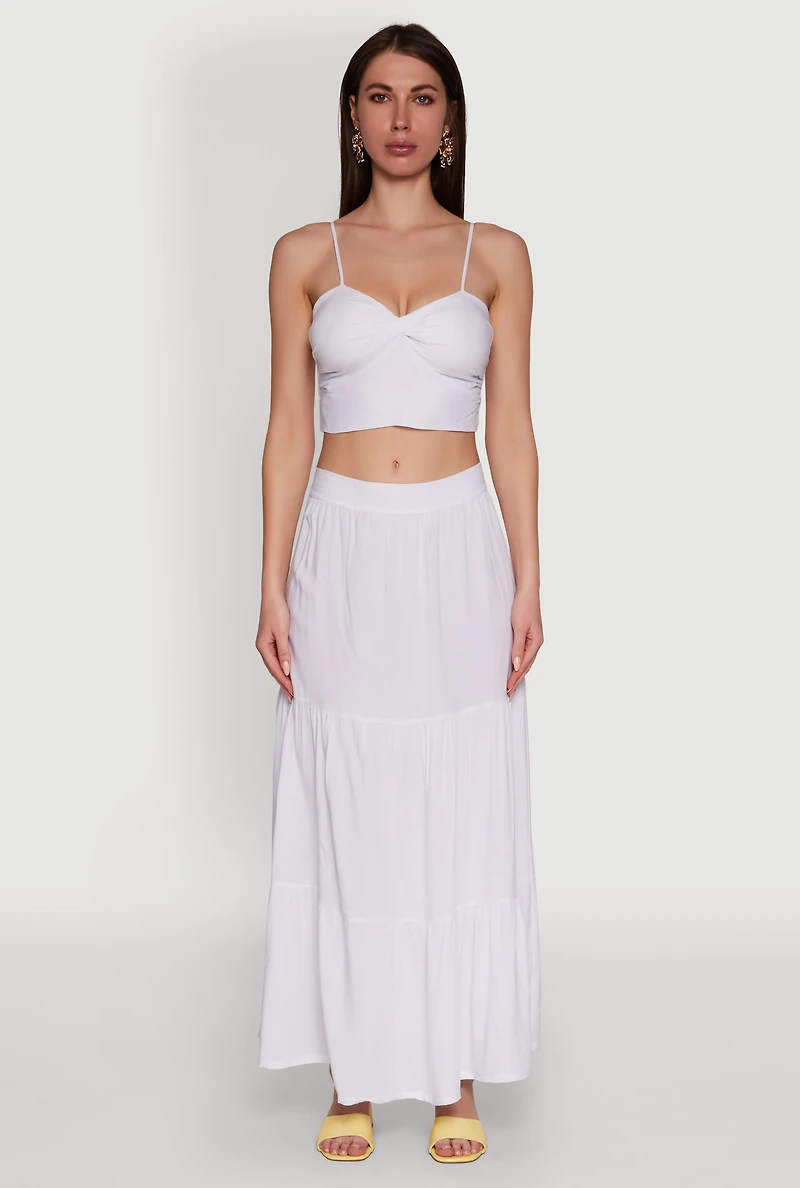 Womens Chic High Waisted Tiered Maxi Skirt, White, Size L