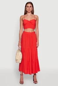 Womens Chic High Waisted Tiered Maxi Skirt, Red,