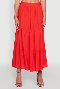 Womens Chic High Waisted Tiered Maxi Skirt, Red,