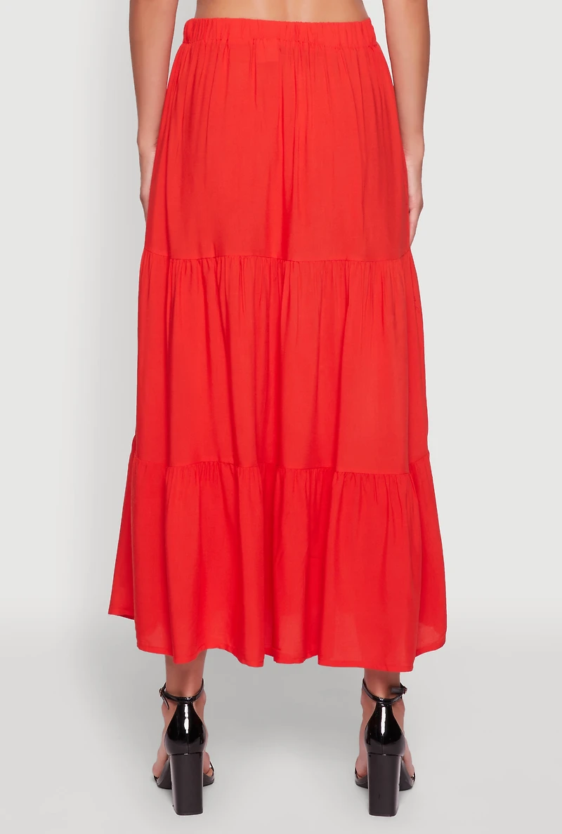 Womens Chic High Waisted Tiered Maxi Skirt, Red, Size M
