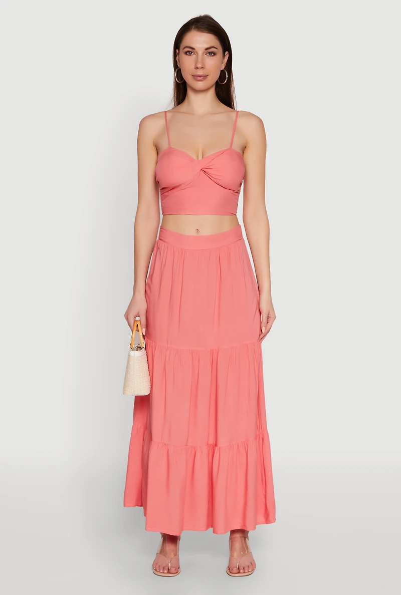 Womens Chic High Waisted Tiered Maxi Skirt, Pink, Size L